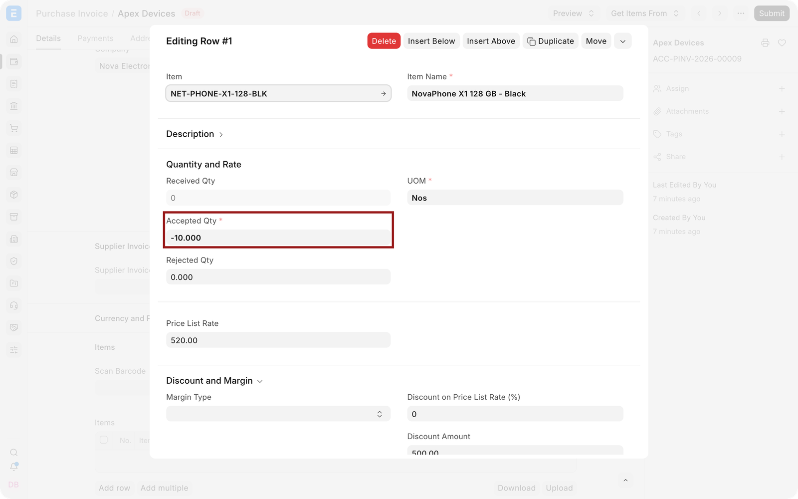 Full original quantity entered as a negative quantity
