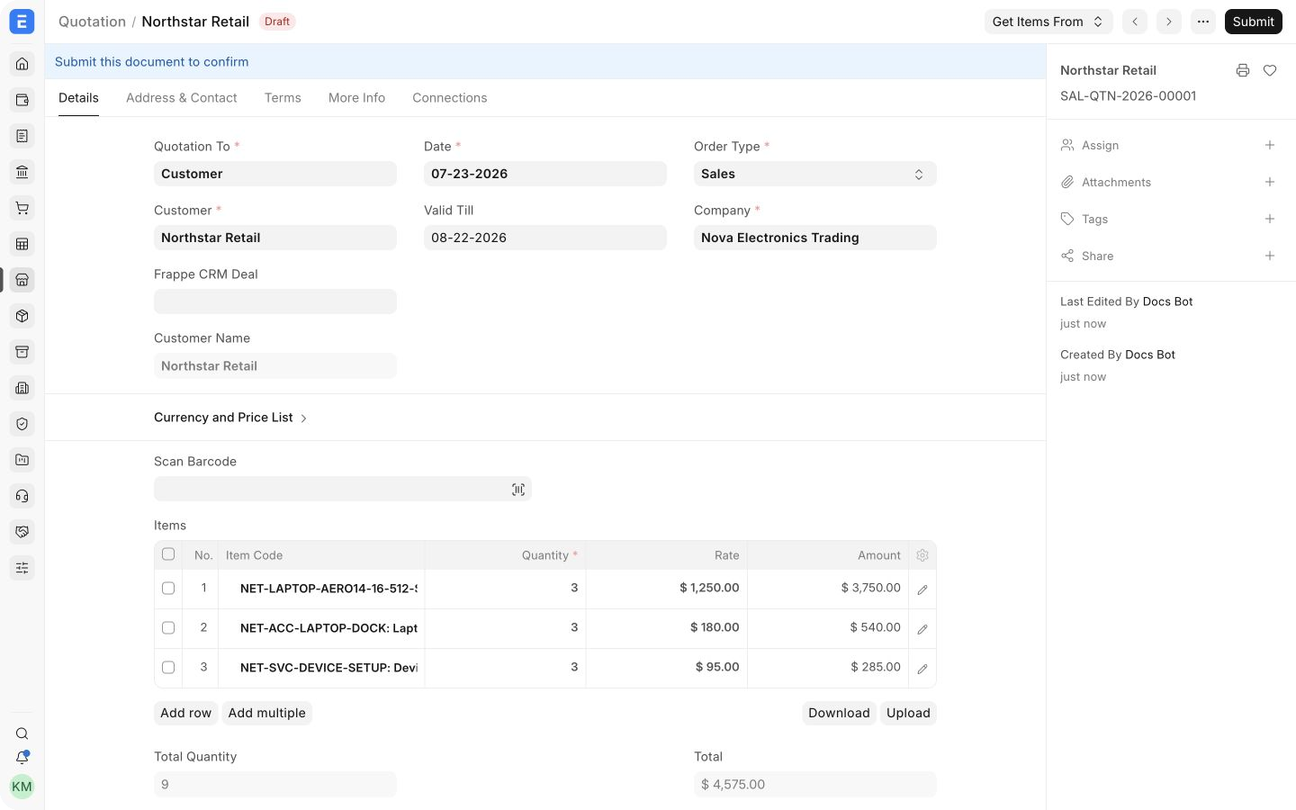 Example Quotation for Northstar Retail with products, services, quantities, rates, and totals.