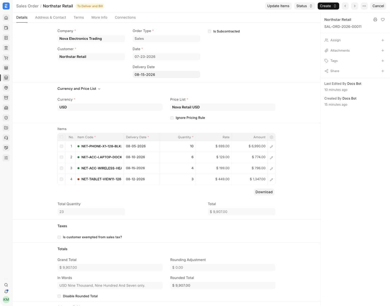 A partially fulfilled Sales Order for Northstar Retail, containing stock and drop-ship Items.