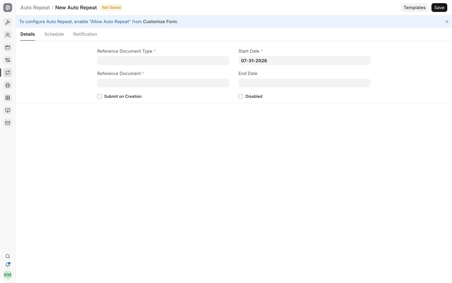 Auto Repeat reference document and creation settings