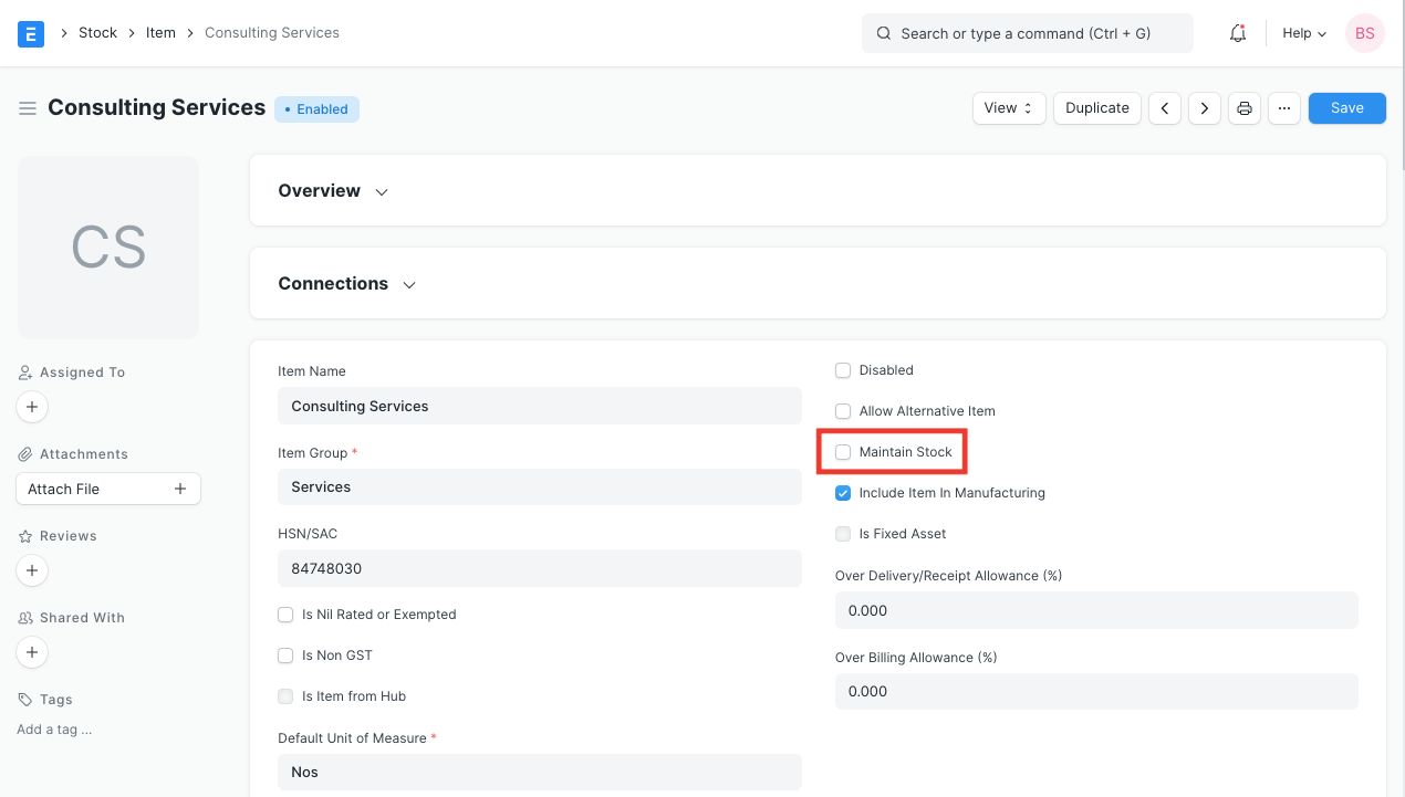The Item form configured for a service by disabling Maintain Stock.