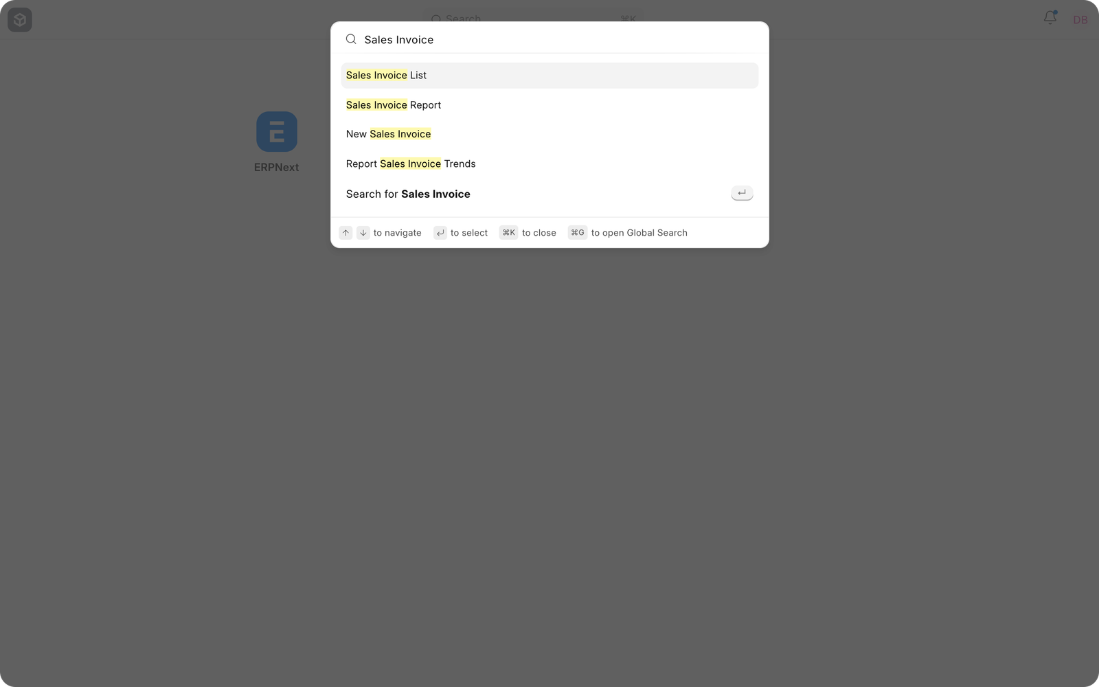EnigmaERP Awesomebar showing list, report, and new-document results for Sales Invoice