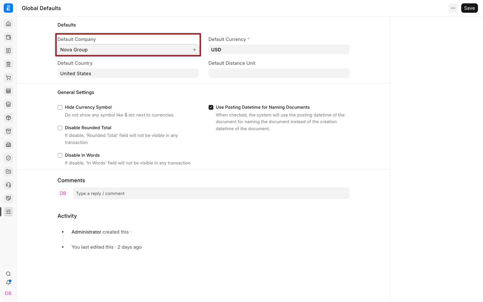 Default Company in EnigmaERP Global Defaults
