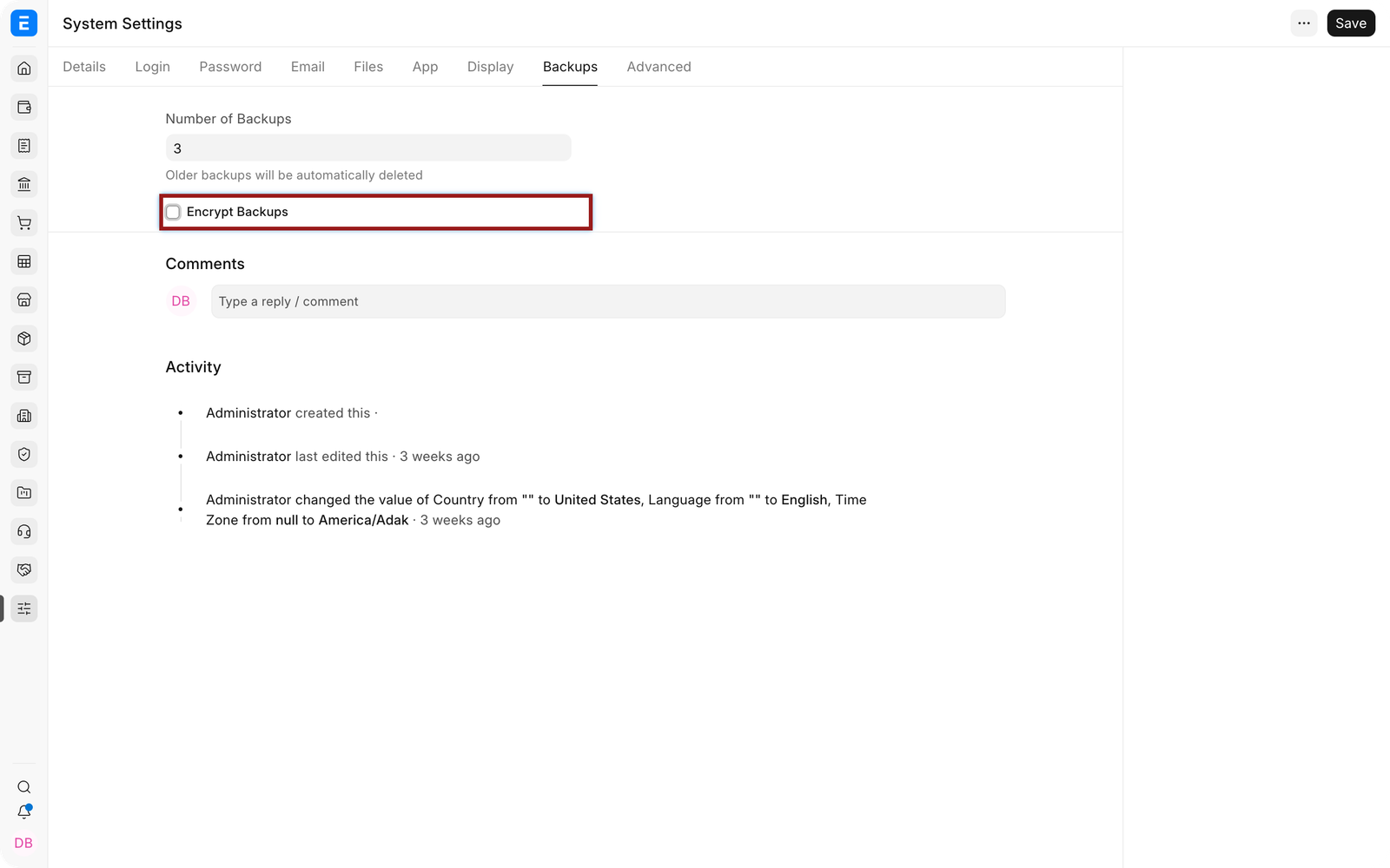 Backup retention and encryption controls in EnigmaERP System Settings