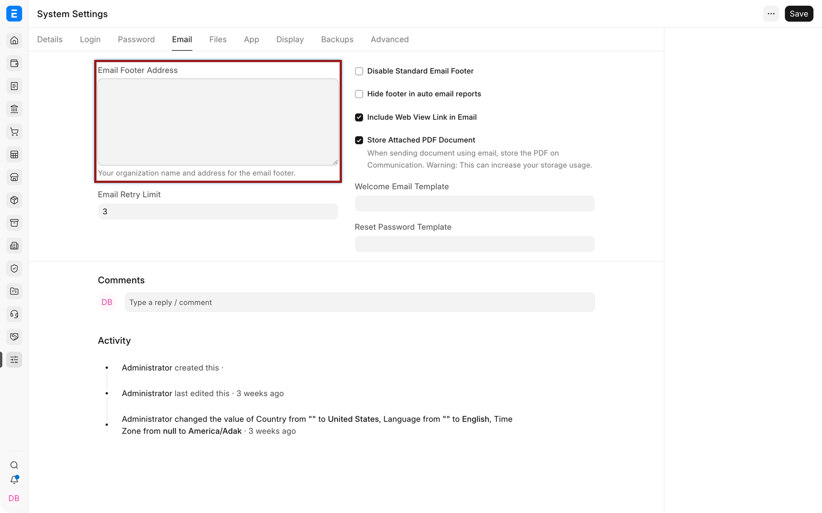 Email footer and delivery controls in EnigmaERP System Settings