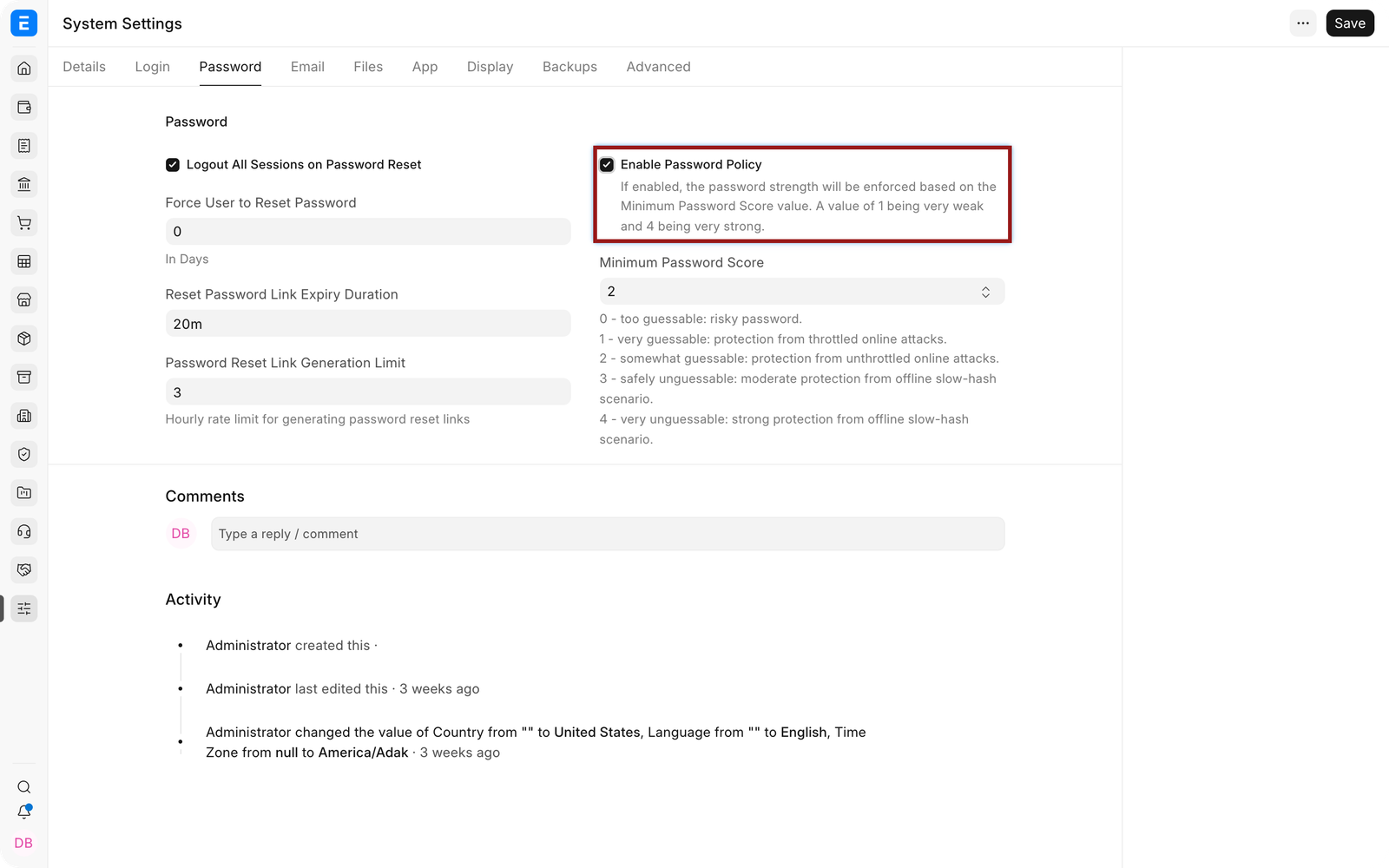Password policy controls in EnigmaERP System Settings