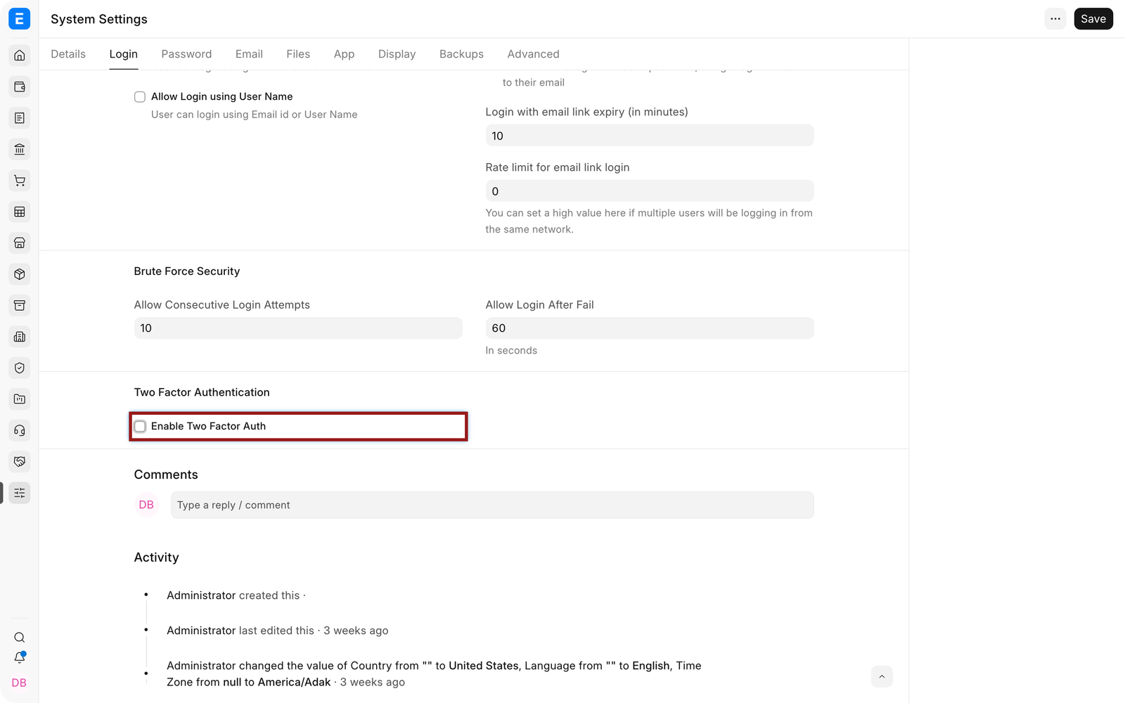 Two-factor authentication controls in EnigmaERP System Settings