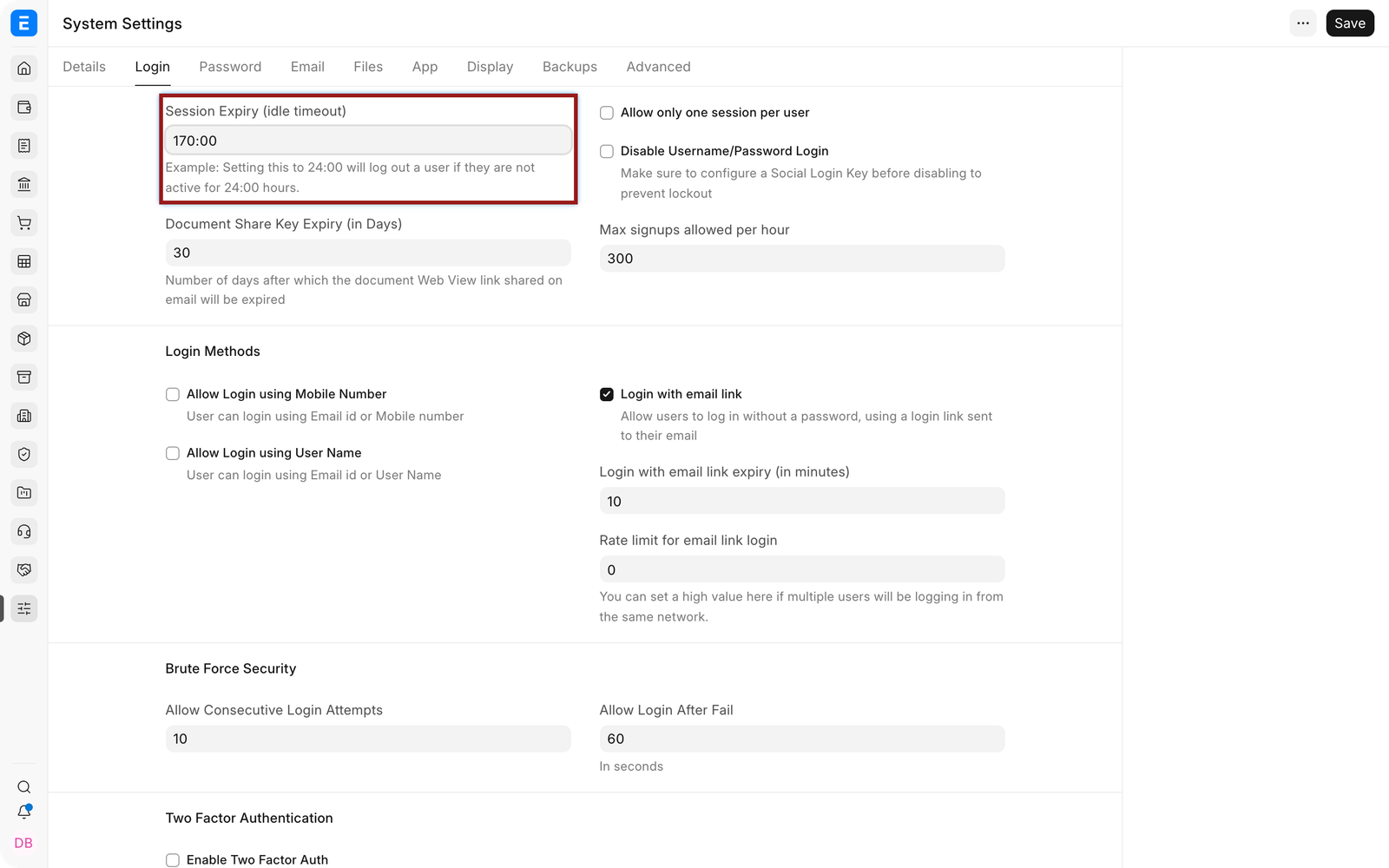 Session expiry and document-share controls in EnigmaERP System Settings