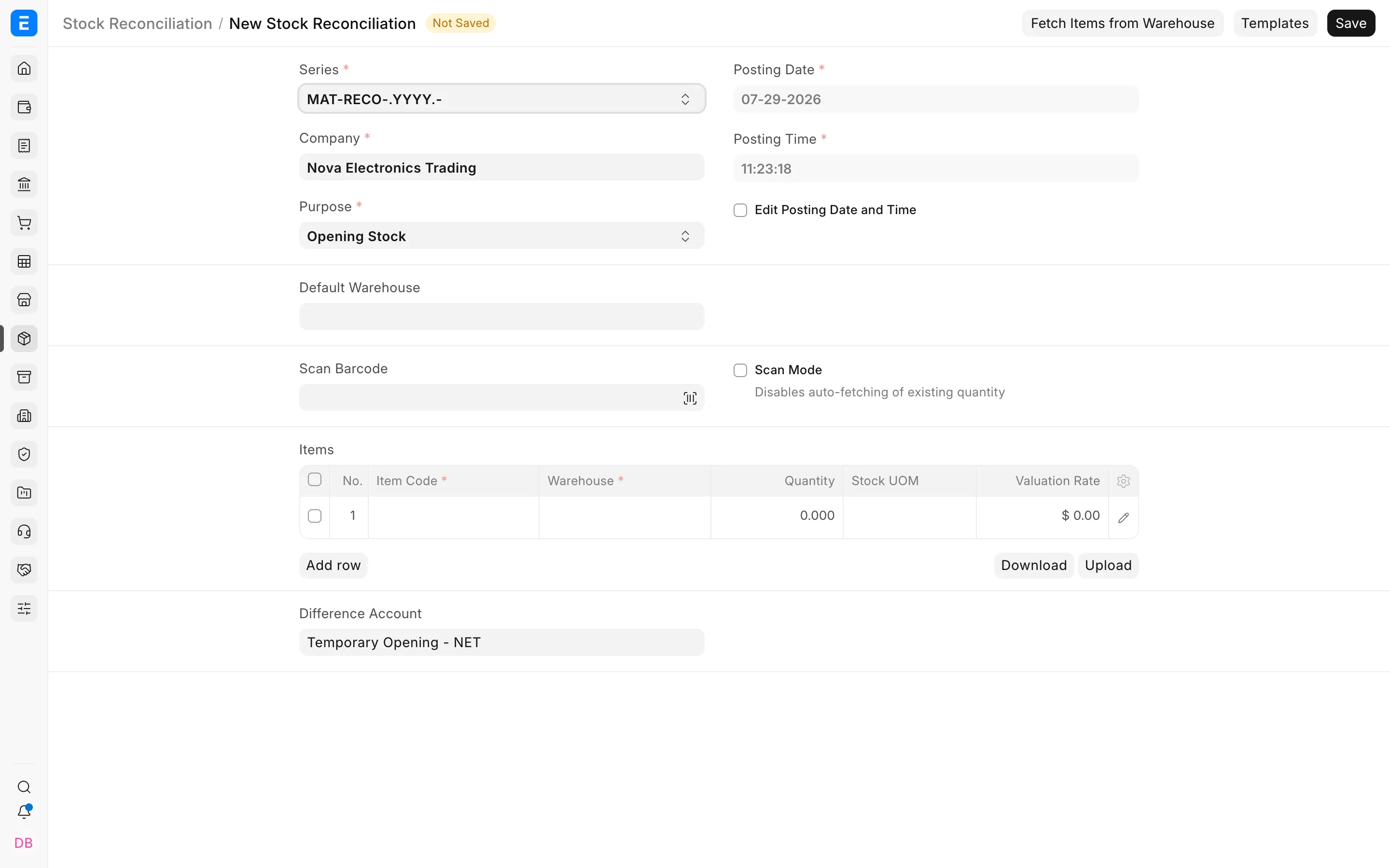 Stock Reconciliation configured for opening stock