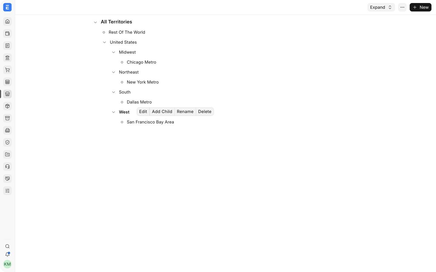 Expanded EnigmaERP Territory tree with United States regions and metro areas