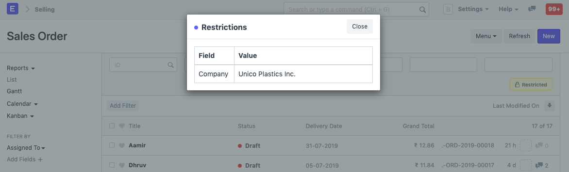 User restricted to Company