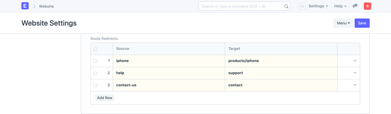 Website Settings - Routes Redirects